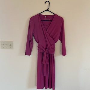 Jersey knit dress (2-pc) with 3/4 sleeve wrap blouse, magenta haze (raspberry)